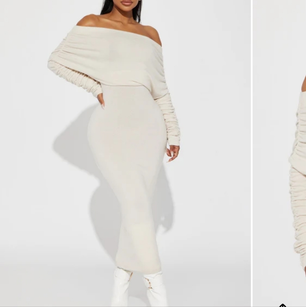 Fashion Nova Cream Off-Shoulder Ruched Sleeve Sweater Dress